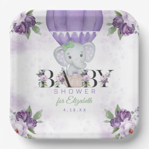 Purple Elephant Hot Air Balloon Baby Shower Paper Plate
