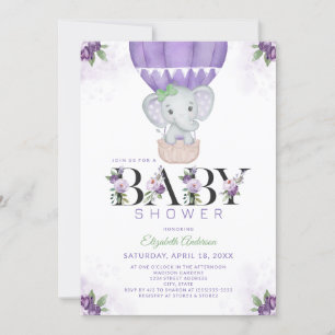 Purple Elephant Hot Air Balloon Floral Baby Shower Invitation