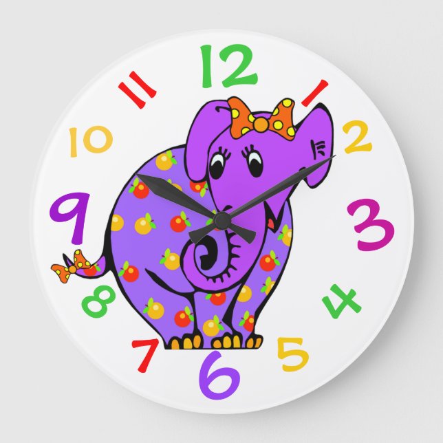Purple Elephant Kids Clock With Colourful Numbers (Front)