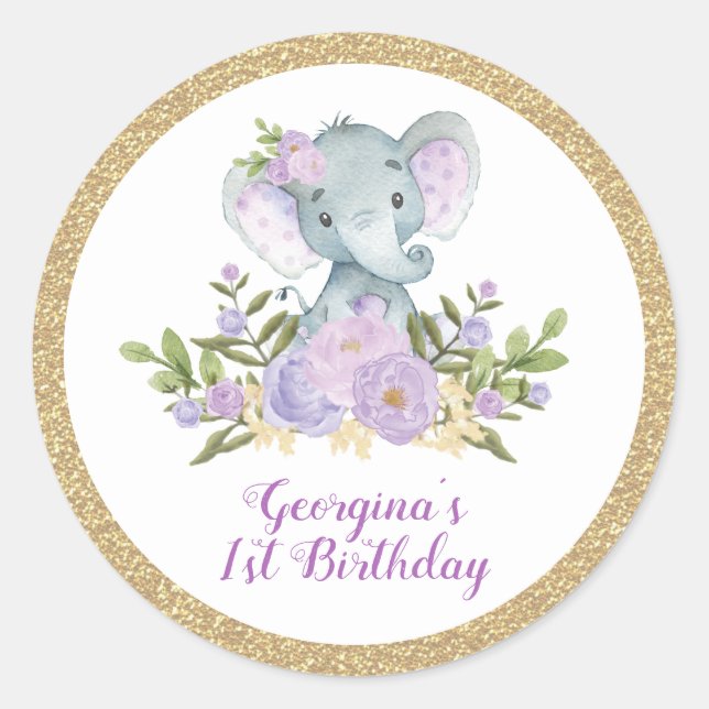 Purple Elephant Lavender Gold Floral Thank You Classic Round Sticker (Front)