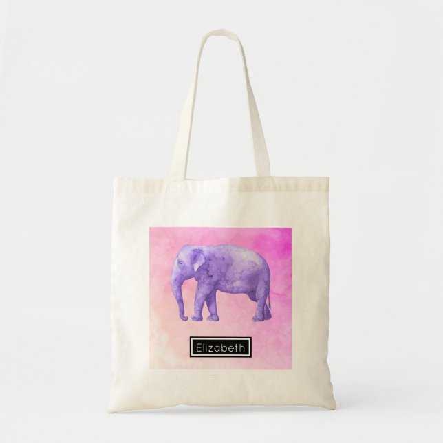 Purple Elephant on Dreamy Pink Watercolors Tote Bag (Front)