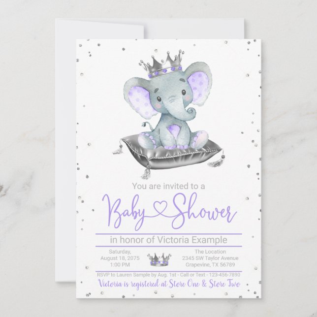 Purple Elephant Princess Baby Shower Invitation (Front)