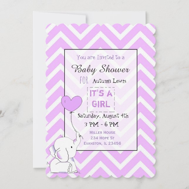 Purple Elephant Themeed Baby Shower Invitations (Front)