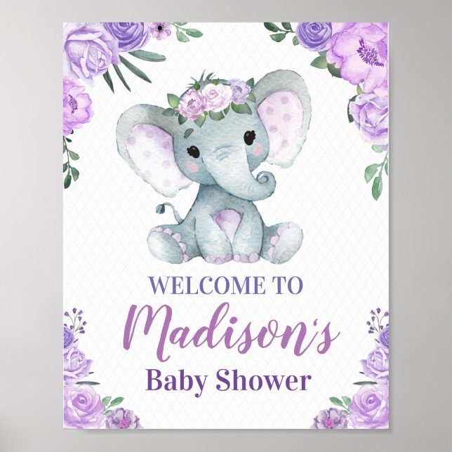 Purple Elephant Welcome Sign, Girl Roses Shower Poster (Front)