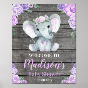 Purple Elephant Welcome Sign, Girl Roses Shower Poster