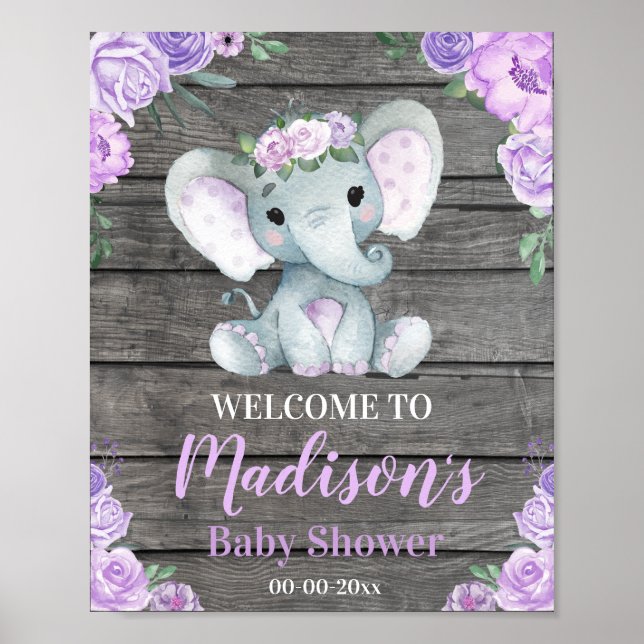 Purple Elephant Welcome Sign, Girl Roses Shower Poster (Front)