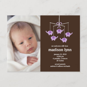Purple Elephants Baby Girl Birth Annoucement Invitation