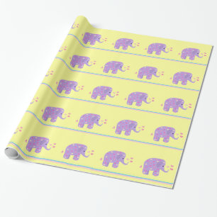 Purple Elephants with Hearts and Stripes Wrapping Paper