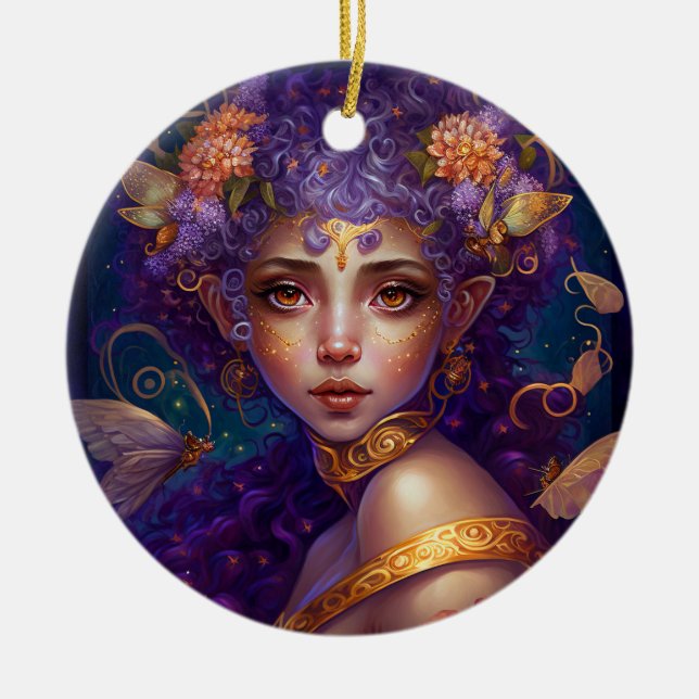 Purple Elf Fairy Fantasy Art Ceramic Ornament (Front)