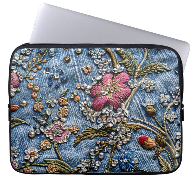 Purple Embroidered Flower on Denim Delight Laptop Sleeve (Front)