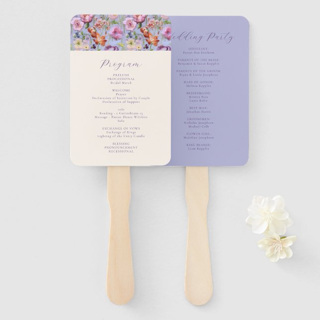 Purple Embroidery Flowers Wedding Program Hand Fan (Front and Back)