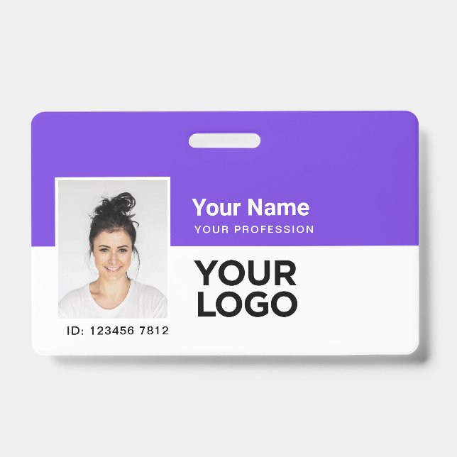 Purple Employee Photo Bar or Qr Code Logo Name ID Badge (Front)
