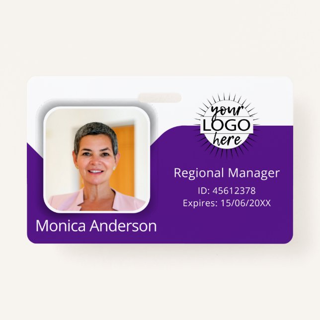Purple Employee Photo ID Name QR Bar Code ID Badge (Front)