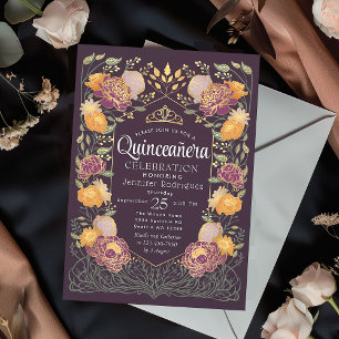 Purple Enchanted Garden Floral Quinceanera  Invitation