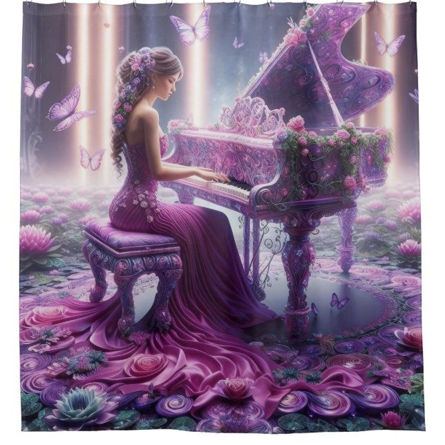 Purple Enchanted Garden Piano Player Shower Curtain (Front)