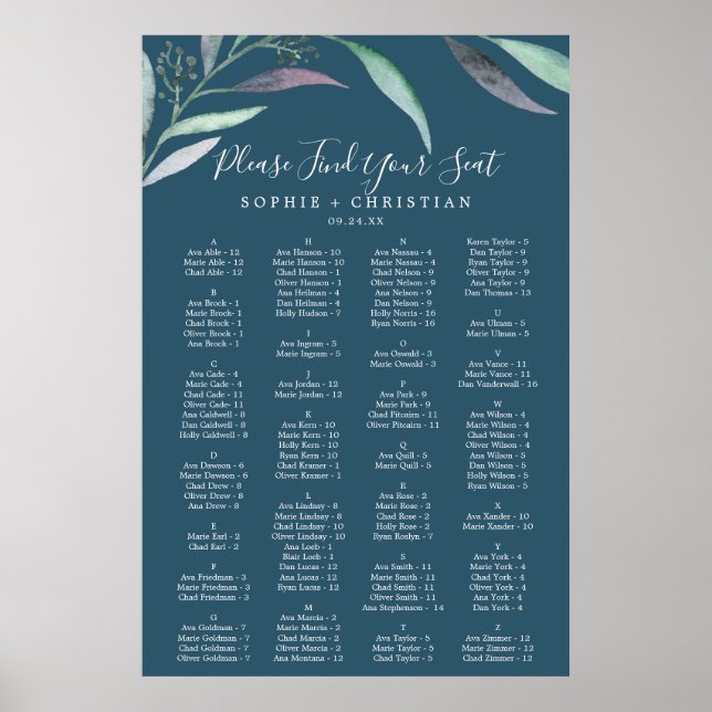 Purple Eucalyptus Blue Alphabetical Seating Chart (Front)