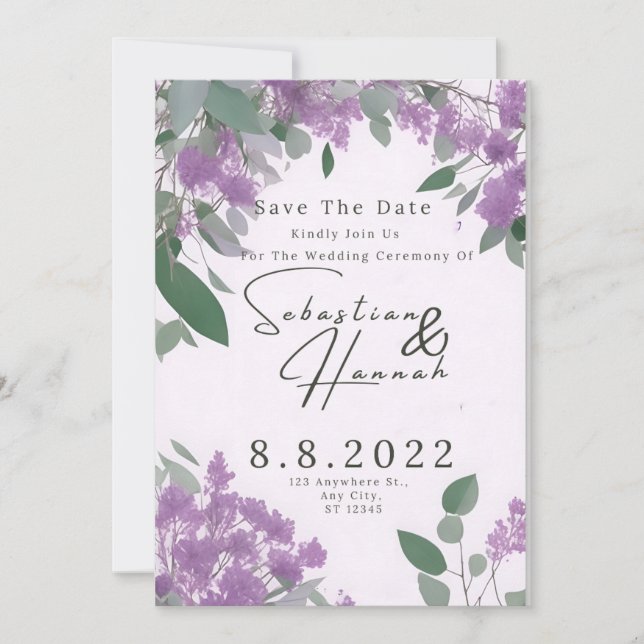Purple Eucalyptus Botanical Elegant and Simple Invitation (Front)