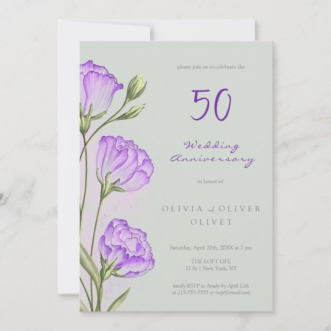 Purple Eustomas Wedding Anniversary 50 Years Invitation (Front)