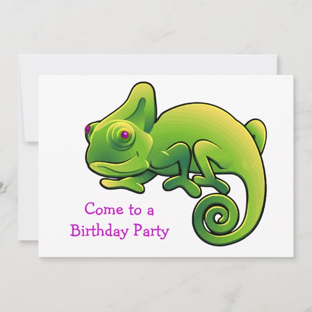 Purple Eyed Lime Green Chameleon Birthday Party Invitation (Front)