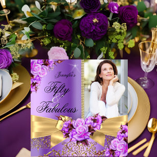 Purple Fabulous 50 Photo Gold Rose Bow Birthday Invitation