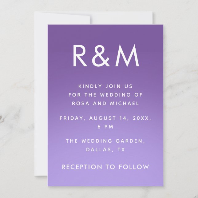 Purple Fading Ombre Modern Minimalist Monogram Invitation (Front)