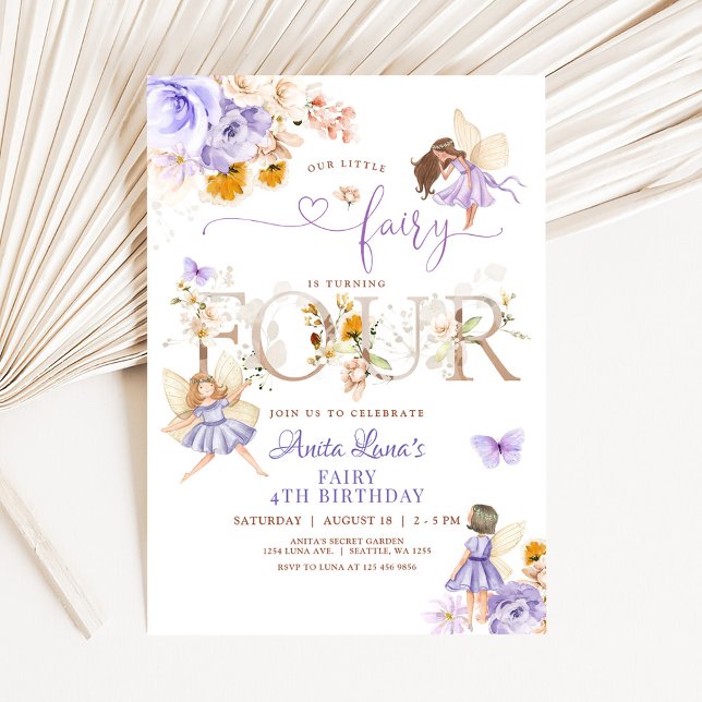 Purple Fairy Butterfly Magical Floral 4th Birthday Invitation (Creator Uploaded)