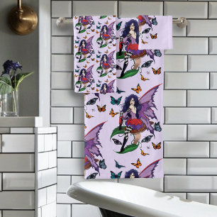 Purple Fairy Mushroom Butterflies Bath Towel Set