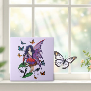 Purple Fairy Mushroom Butterflies  Ceramic Tile