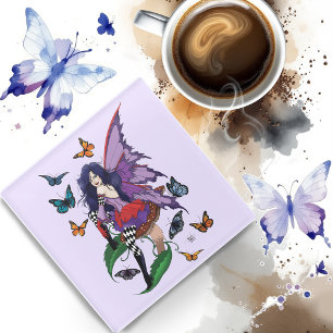 Purple Fairy Mushroom Butterflies Glass Coaster