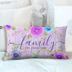 Purple family floral rustic wood watercolor script lumbar cushion