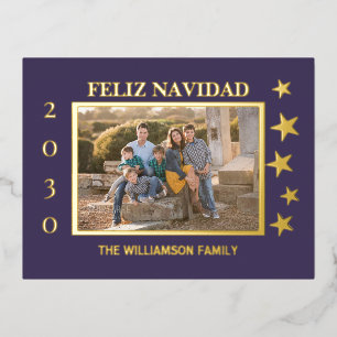 Purple Family Photo Feliz Navidad Gold Foil Holiday Postcard
