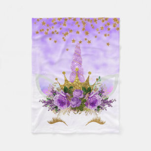 Purple Fantasy and Golden Stars Unicorn Fleece Blanket