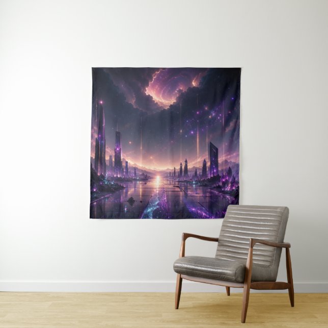 Purple Fantasy Cityscape Wall Art Dark Sci-Fi Tapestry (In Situ)