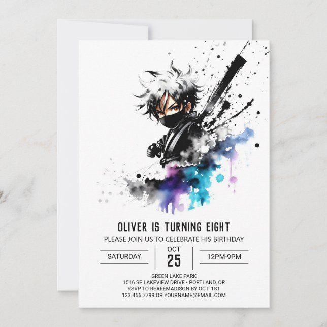 Purple Fantasy Ninja Boy Digital Birthday Invitation (Front)