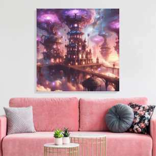 Purple Fantasy Steampunk City Canvas Print