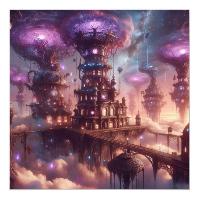 Purple Fantasy Steampunk City Photo Print (Front)