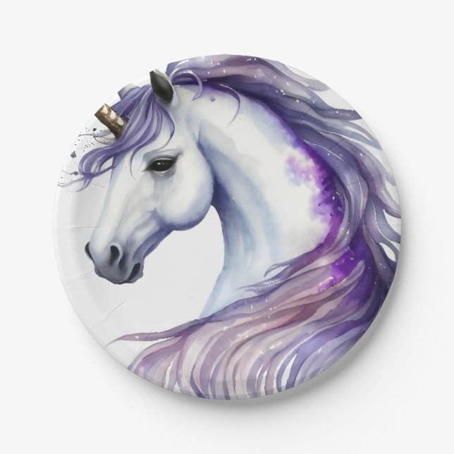 Purple Fantasy Unicorn Birthday Party Paper Plate (Front)