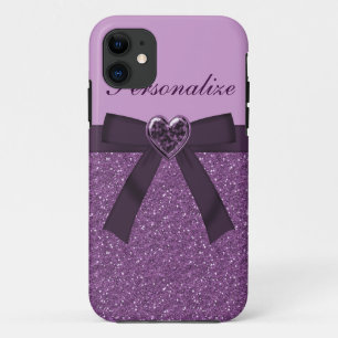 Purple Faux Bow, Glitter & Heart Jewel iPhone 11 Case