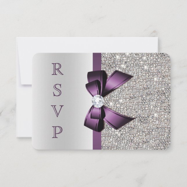 Purple Faux Bow Silver Sequins Diamond RSVP (Front)