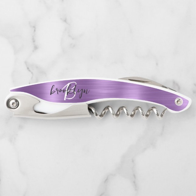 Purple Faux Brushed Metal Monogram Script Corkscrew (Front)