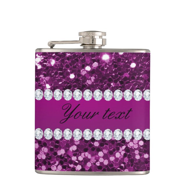 Purple Faux Glitter and Diamonds Hip Flask (Front)
