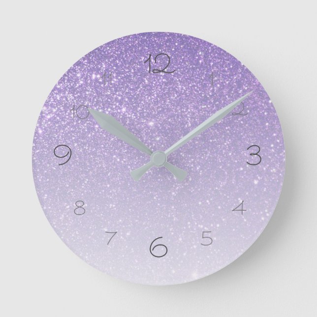 Purple Faux Glitter Gradient Glamourous Round Clock (Front)