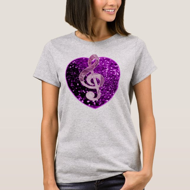 Purple Faux Glitter Heart French Music Treble Clef T-Shirt (Front)