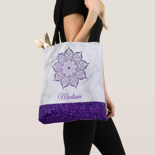 Purple Faux Glitter Mandala on Grey & White Marble Tote Bag