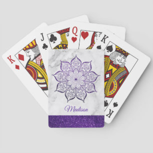 Purple Faux Glitter Mandala on White Marble Playing Cards