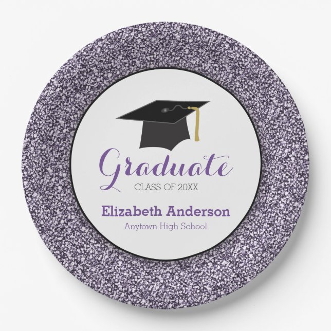 Purple Faux Glitter | Personalised Graduation Paper Plate (Front)
