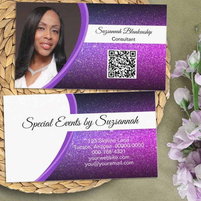 Purple Faux Glitter Professional Photo QR Code Business Card (Simply add a photo and QR code with your personalized details to get your business information out.)
