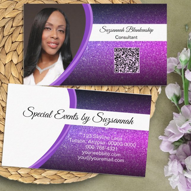 Purple Faux Glitter Professional Photo QR Code Business Card (Personalize the text, add your QR code and photo so you can get out your business information. )