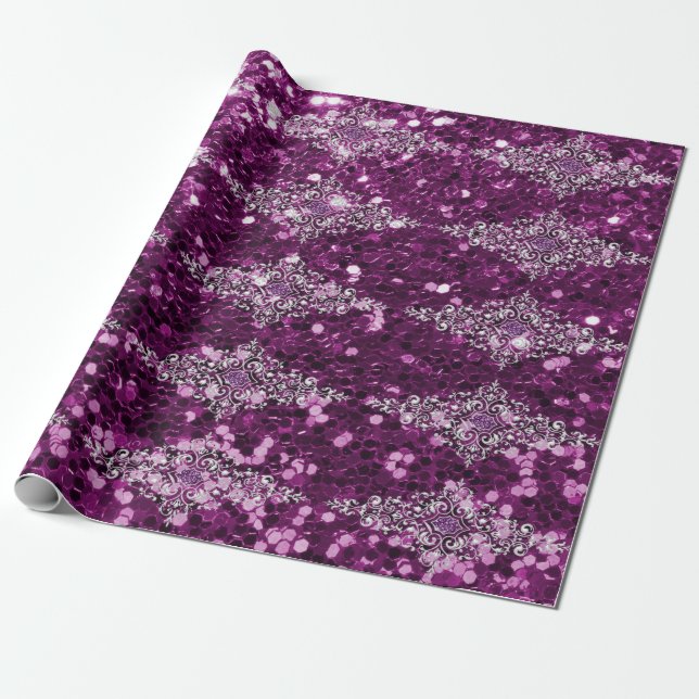 Purple Faux Glitter Silver Jewel Design Wrapping Paper (Unrolled)