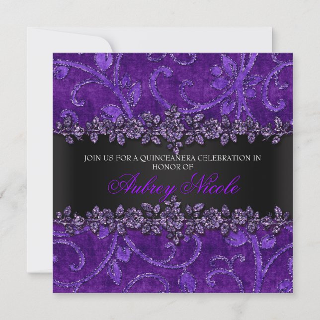 Purple Faux Glitter & Velvet Floral Quinceanera Invitation (Front)